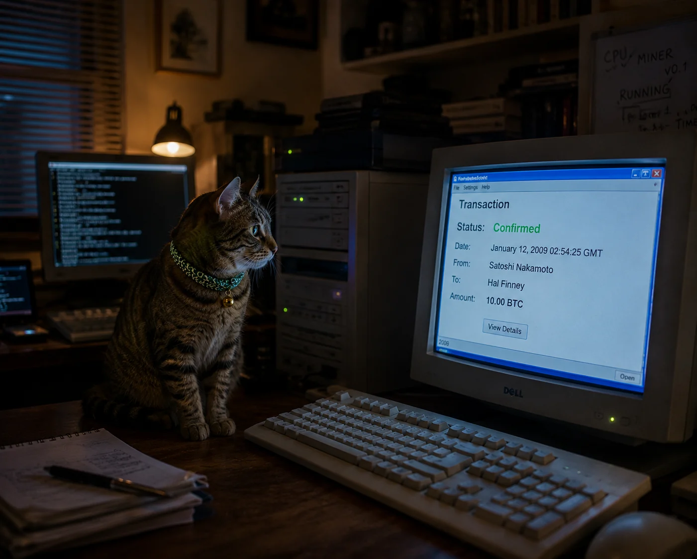 Cate witnessing the first Bitcoin transaction on a retro computer